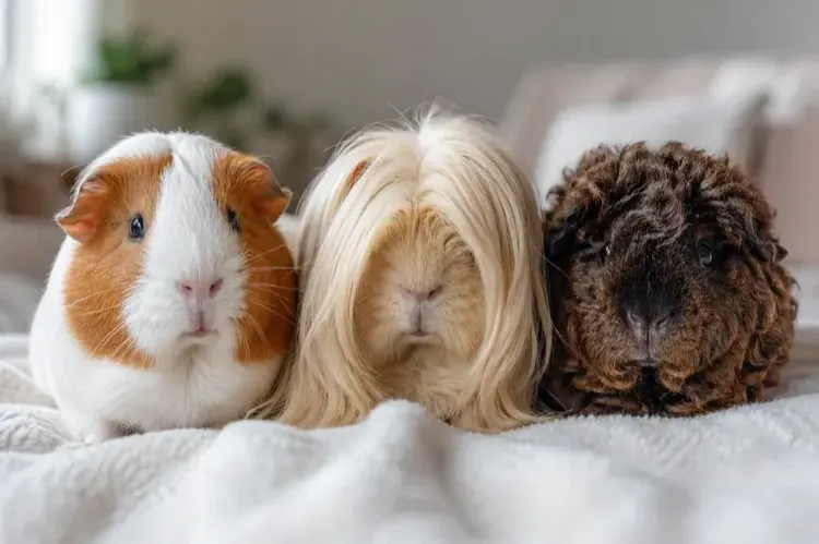 Three guinea pig breeds side by side: an American, a Peruvian, and a Texel