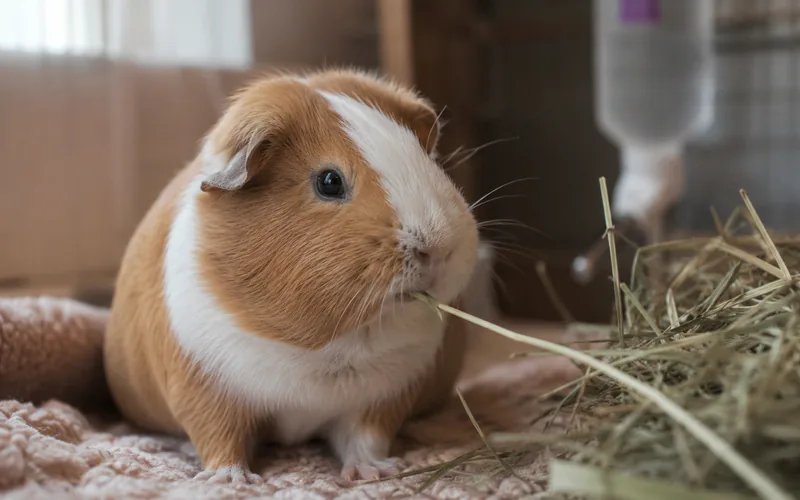 Alert guinea pig eating hay showing early signs of recovery during antibiotic treatment