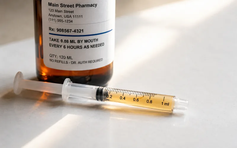 Small oral syringe next to a medicine bottle measuring a precise liquid dose for a guinea pig