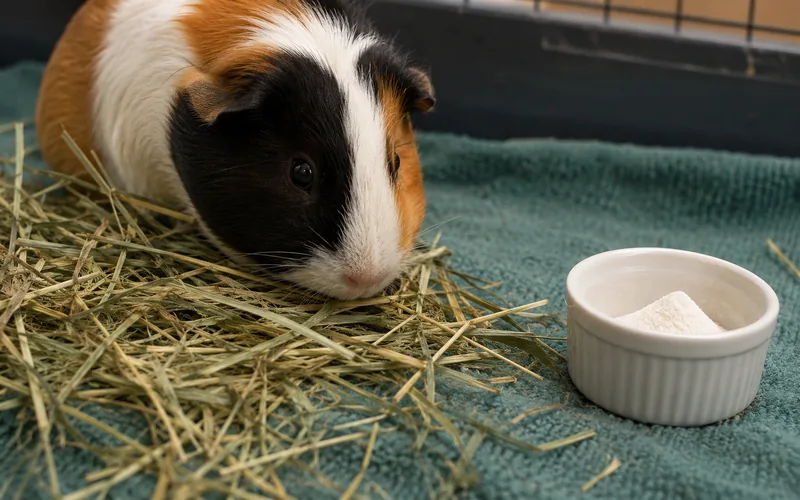 Guinea pig eating hay with a small dish of probiotic powder supporting gut health during treatment