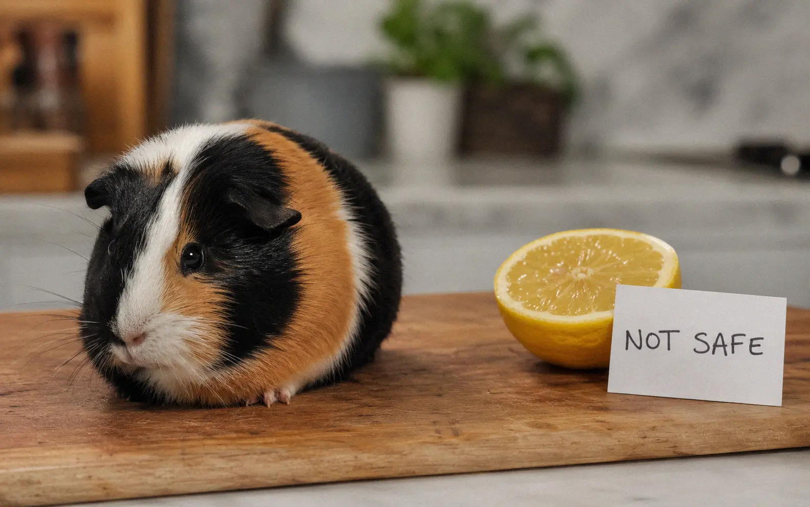 Guinea pig next to a lemon with a warning symbol showing lemons are unsafe for guinea pigs