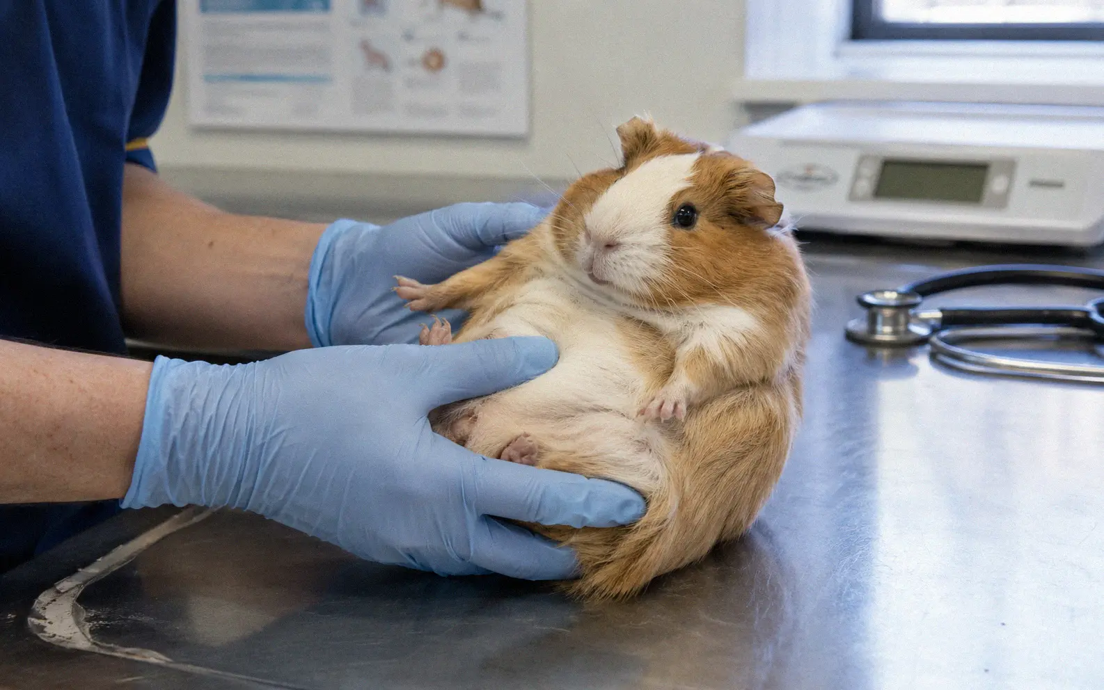Veterinarian in blue gloves examining a guinea pig's abdomen on a steel exam table to check for digestive issues