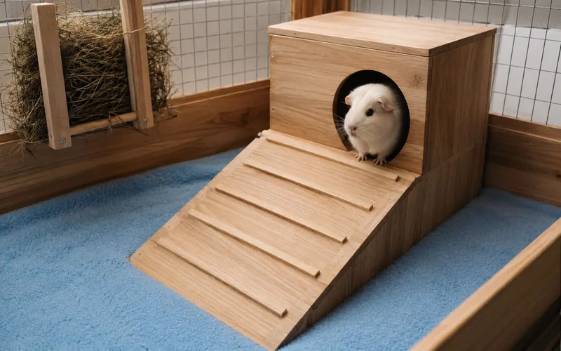 Single-level guinea pig cage with a wooden hideout and fleece bedding, set up for a guinea pig with limited mobility