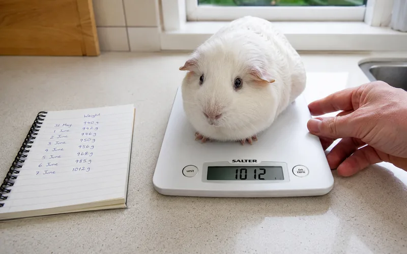 Guinea pig on a kitchen scale during a weekly weight check to monitor health