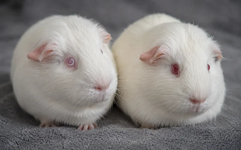 Side-by-side comparison of a true albino guinea pig and a pink-eyed white guinea pig to show coat and skin pigment differences
