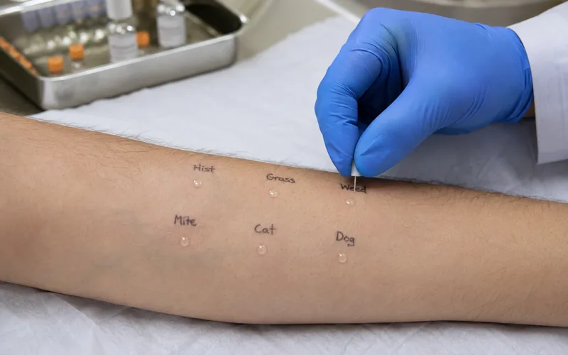 Allergist performing a skin prick test on a patient's forearm