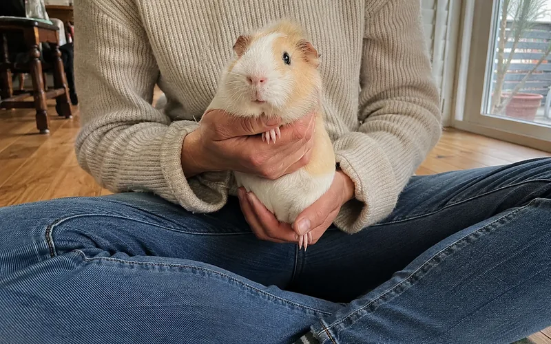 Person holding an American guinea pig with one hand supporting the chest and one supporting the hindquarters