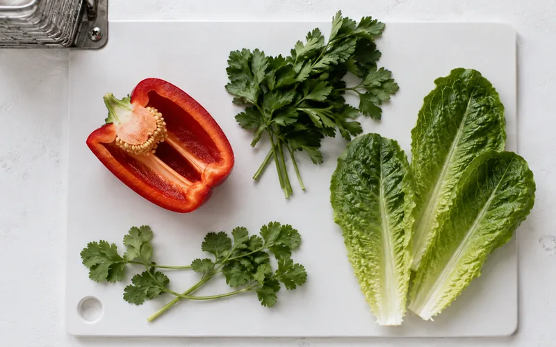 Bowl of bell pepper parsley and romaine beside a hay rack