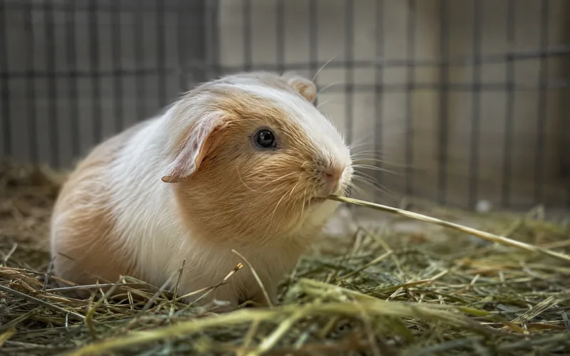 Baby guinea pig eating a strand of timothy hay