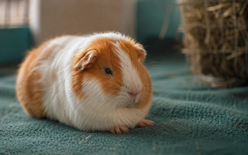 Baby guinea pig sitting on fleece bedding inside a cage