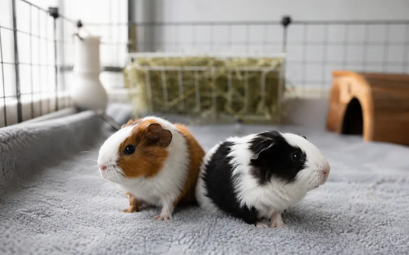 Pair of young baby guinea pigs sitting together on fleece bedding in a spacious cage