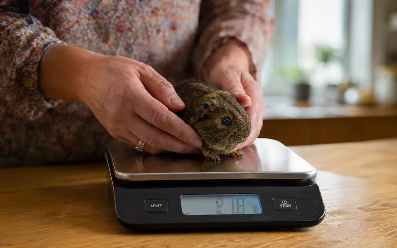 Person placing a baby guinea pig onto a small digital kitchen scale to check weekly weight