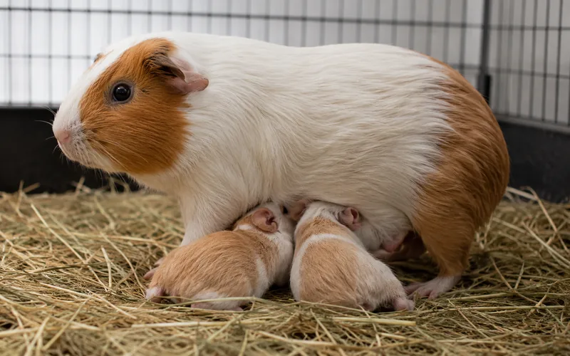 Baby guinea pigs nursing from their mother in a cage
