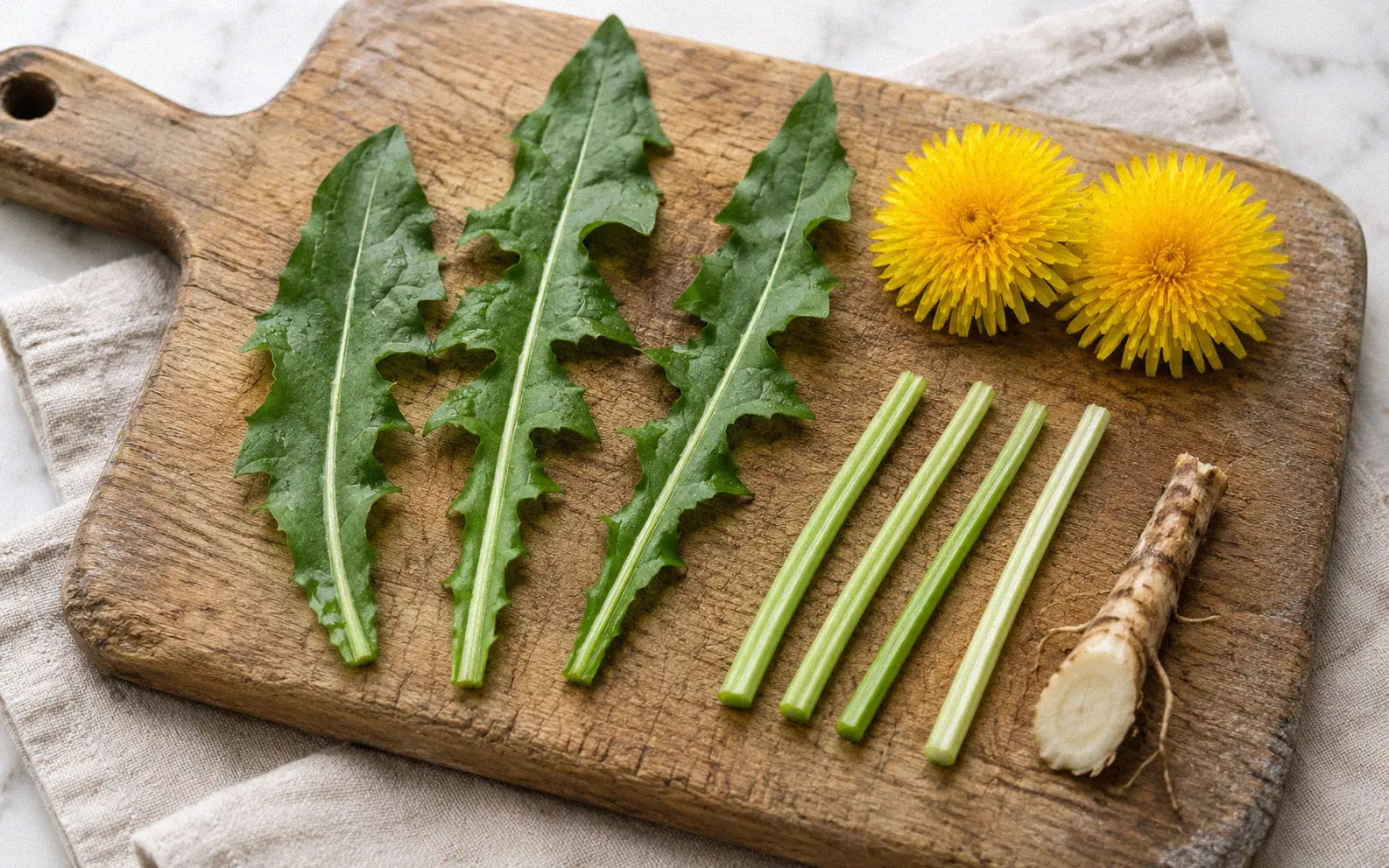 Fresh dandelion leaves, two yellow flowers, hollow stems, and a sliced root arranged on a weathered wooden cutting board with water droplets on the leaves