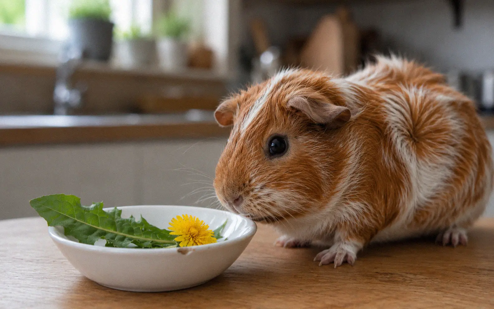 White ceramic bowl with a measured portion of dandelion leaves and one yellow flower on a wooden table beside a curious Abyssinian guinea pig leaning forward to sniff