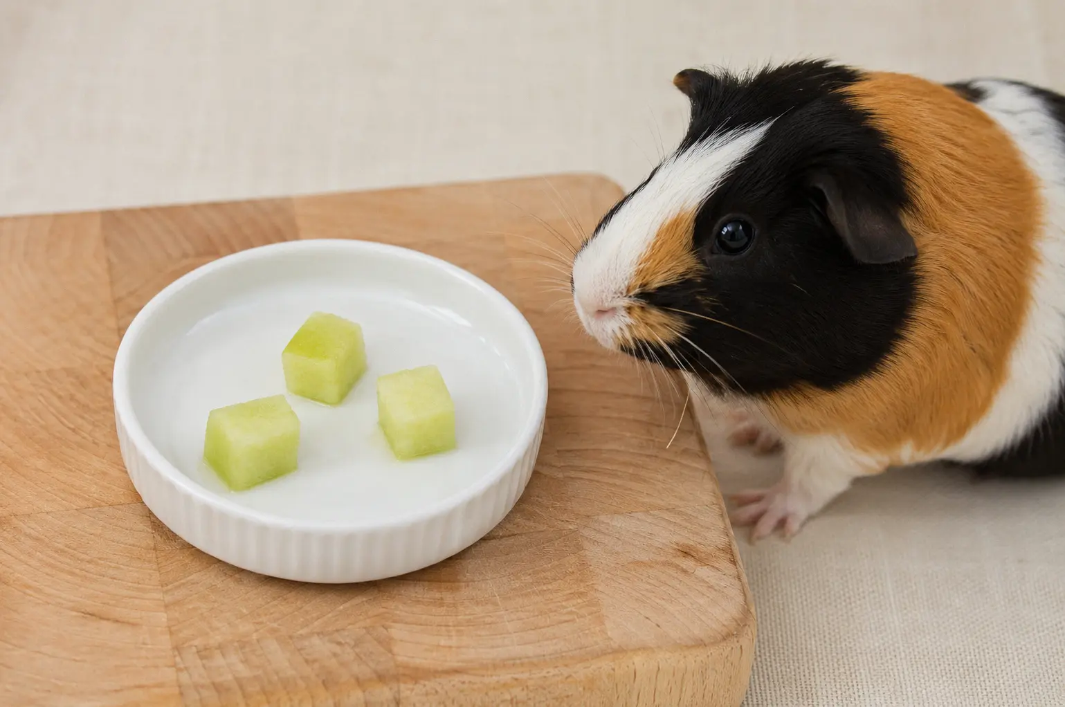 Correct apple portion size for guinea pigs shown as half-inch cubes
