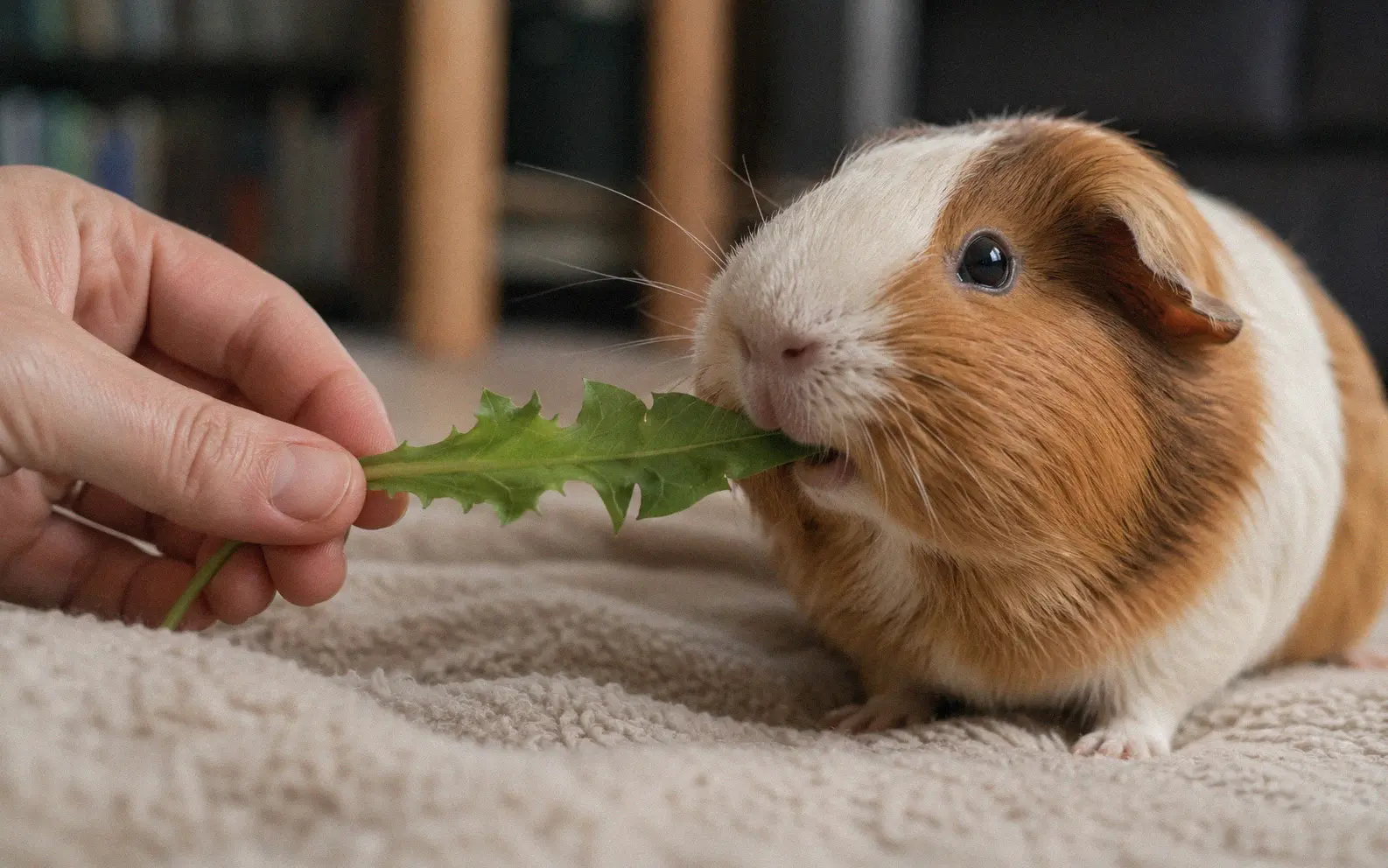 Brown and cream guinea pig biting into a fresh dandelion leaf held between a human's thumb and index finger on a fleece-lined floor