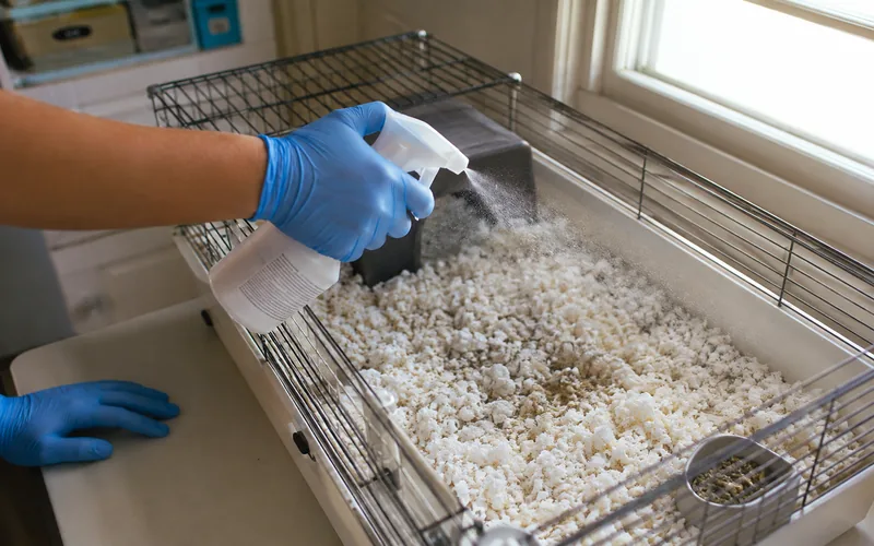 Pet owner in disposable gloves misting guinea pig bedding with a spray bottle before scooping