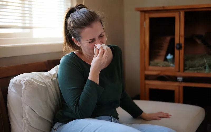 Person sneezing into a tissue while sitting beside a guinea pig hutch