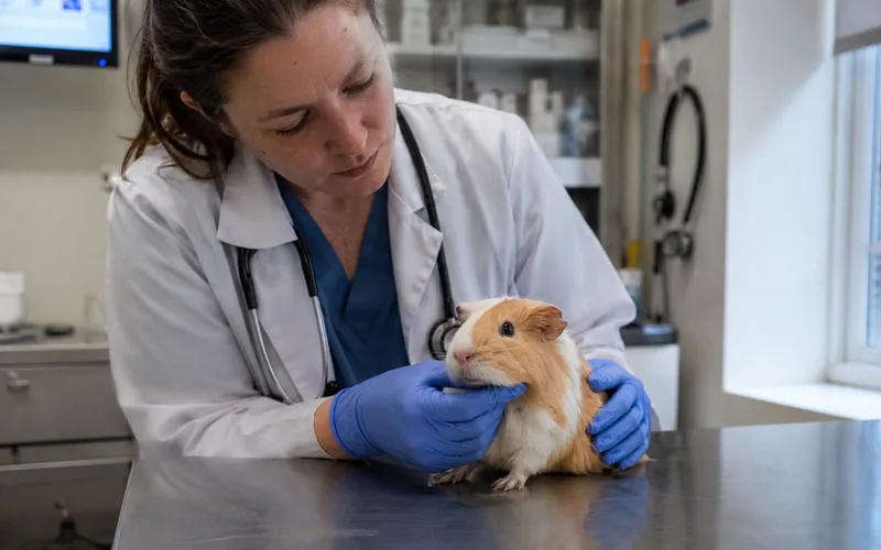vet examining guinea pig at clinic