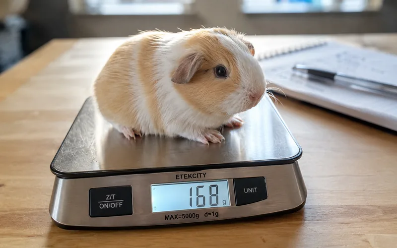 Weighing a baby guinea pig on a small digital kitchen scale