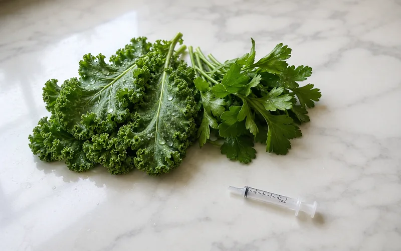 Fresh kale and parsley kept separate from an oral syringe showing the dosing gap needed for Baytril